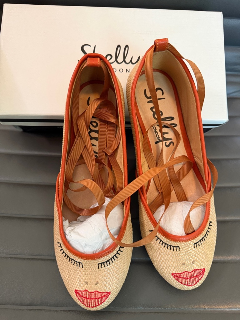 NIB Shellys London Beige Espadrilles with Orange Trim and Face Embroidery 39